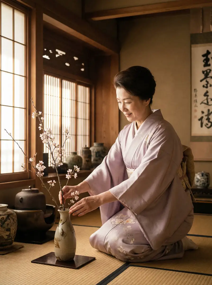 一位优雅的 喵绅士 在和室中插花